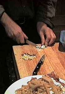 Chopping spring onions and plenty of garlic...